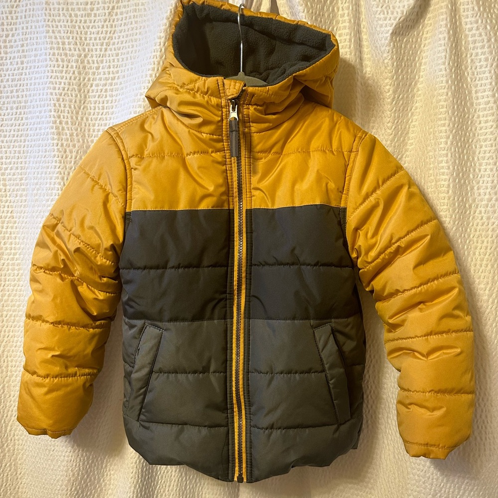 Boy’s Whales Tail Color Block Hooded Puffer Coat Grey, Slate Grey, Yellow Size 6